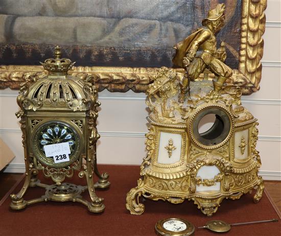 A late 19th century French brass mantel clock and a clock case